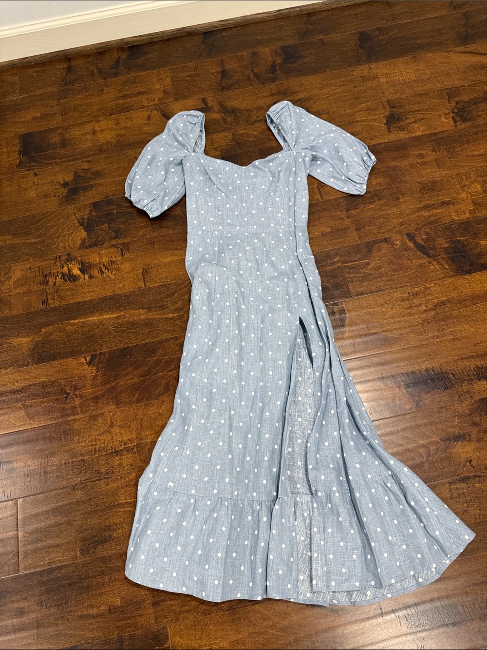 Reformation Light Blue Polka-Dot Puff Sleeve Maxi Dress
